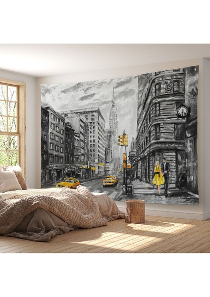 New York Sokakları ve Sarı Taksi Yağlıboya Görünüm Duvar ÖRTÜSÜ-HALISI-3500