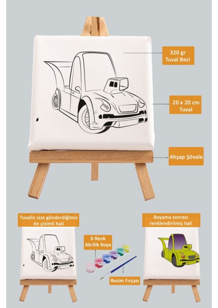 Sevimli Yeşil Araba, Erkek Çocuğu Eğitici Tuval Boyama Hobi SETI-9191