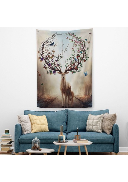 Geyik Yboynuzları Üzerinde Renkli Kuşlar Duvar ÖRTÜSÜ-HALISI-6477