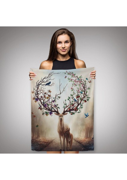 Geyik Yboynuzları Üzerinde Renkli Kuşlar Duvar ÖRTÜSÜ-HALISI-6477 fiyatları