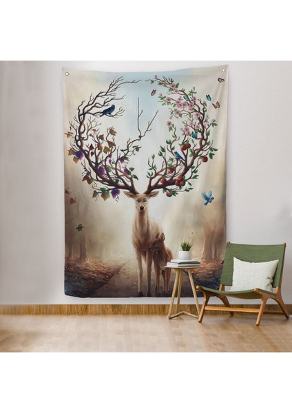 Geyik Yboynuzları Üzerinde Renkli Kuşlar Duvar ÖRTÜSÜ-HALISI-6477