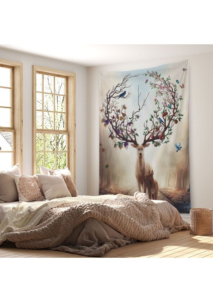 Geyik Yboynuzları Üzerinde Renkli Kuşlar Duvar ÖRTÜSÜ-HALISI-6477