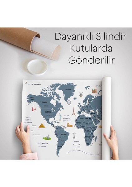 Duvar Örtüsü / Halısı Detaylı Güncel Türkçe Dünya Haritası Kaliteli Kanvas KUMAŞ-3975