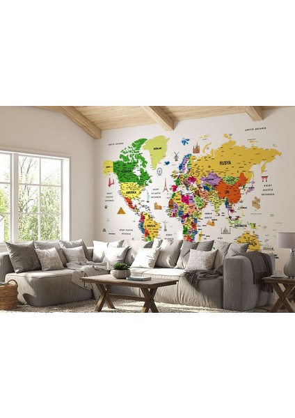 Türkçe Dünya Haritası Son Derece Ayrıntılı Eğitici ve Sembollü Duvar KAĞIDI-3186 fiyatları