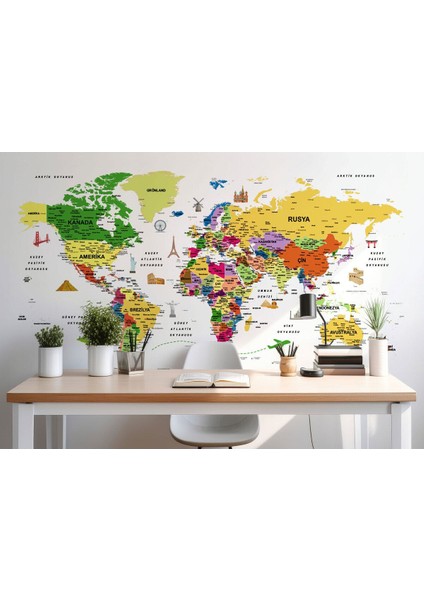 Türkçe Dünya Haritası Son Derece Ayrıntılı Eğitici ve Sembollü Duvar KAĞIDI-3186 fırsatları