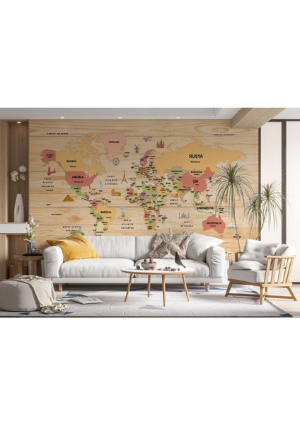 Alndrs Collection V2 Ahşap Görünümlü Türkçe Dünya Haritası Dekoratif Duvar KAĞIDI-2088 fırsatları