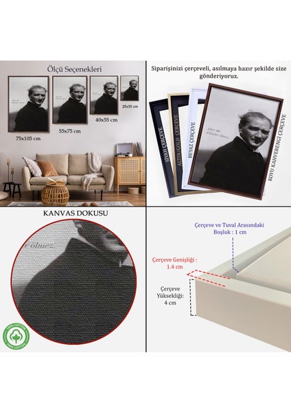 Çerçeveli Atatürk Portre Tablosu Mustafa Kemal Atatürk Dikdörtgen Dekoratif Kanvas TABLO-128 indirimleri