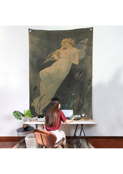 Alphonse Mucha'nın Iris Çiçekleriyle Elf Duvar ÖRTÜSÜ-7288