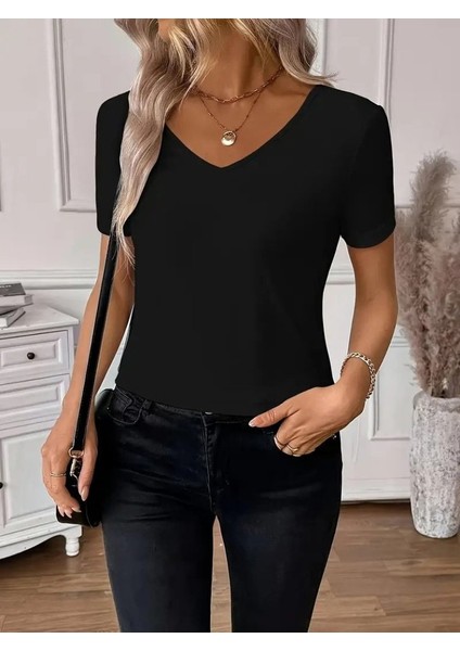 Kadın Kısa Kollu V Yakalı Arkası Dantelli Viskon Bluz fiyatları