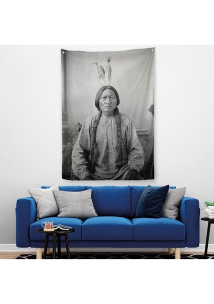 Oturan Boğa Duvar Örtüsü Halısı Amerikaya Karşı Savaşan Son Kızılderili Kabile Şefi 6416