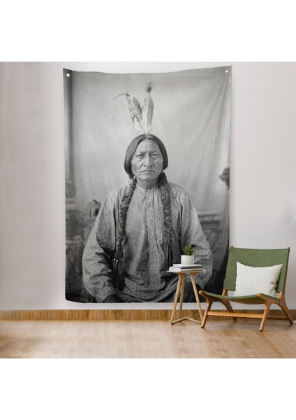 Oturan Boğa Duvar Örtüsü Halısı Amerikaya Karşı Savaşan Son Kızılderili Kabile Şefi 6416