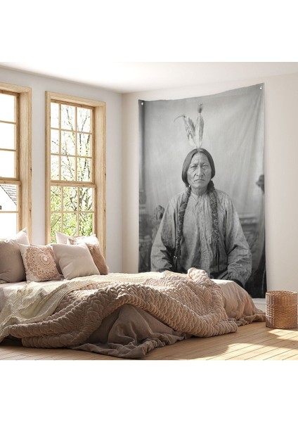 Oturan Boğa Duvar Örtüsü Halısı Amerikaya Karşı Savaşan Son Kızılderili Kabile Şefi 6416