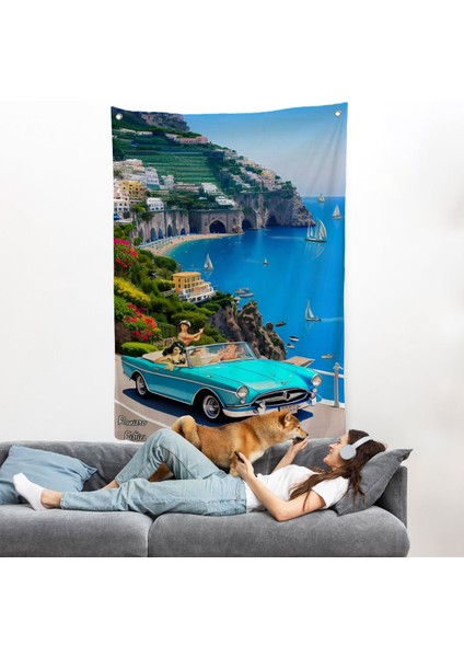 Sahildeki Mavi Klasik Araba Duvar ÖRTÜSÜ-7776