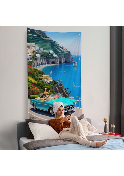 Sahildeki Mavi Klasik Araba Duvar ÖRTÜSÜ-7776 fiyatları