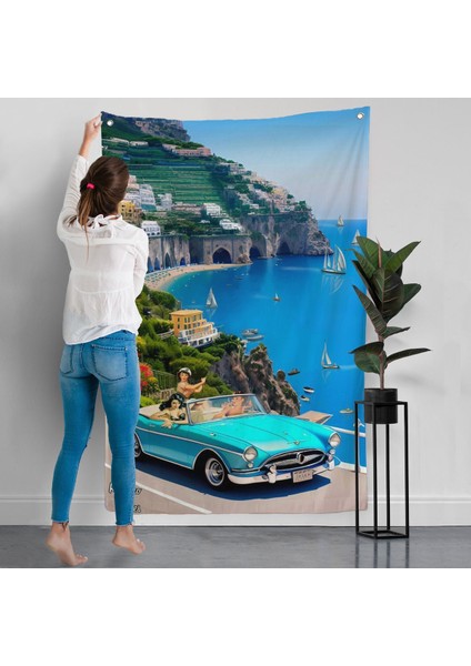 Sahildeki Mavi Klasik Araba Duvar ÖRTÜSÜ-7776 modelleri