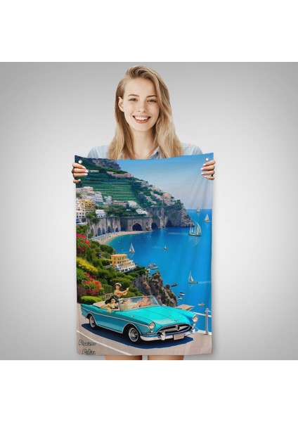Sahildeki Mavi Klasik Araba Duvar ÖRTÜSÜ-7776