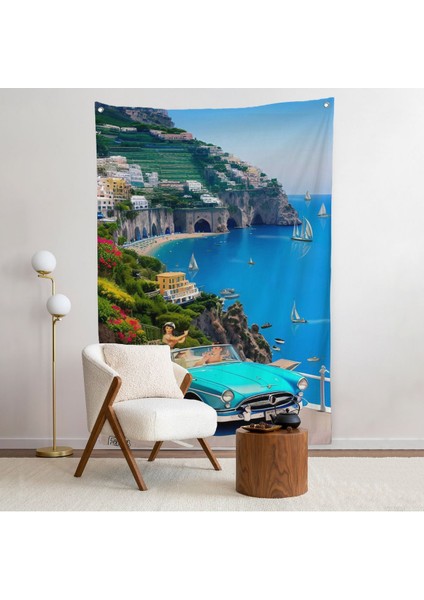 Sahildeki Mavi Klasik Araba Duvar ÖRTÜSÜ-7776