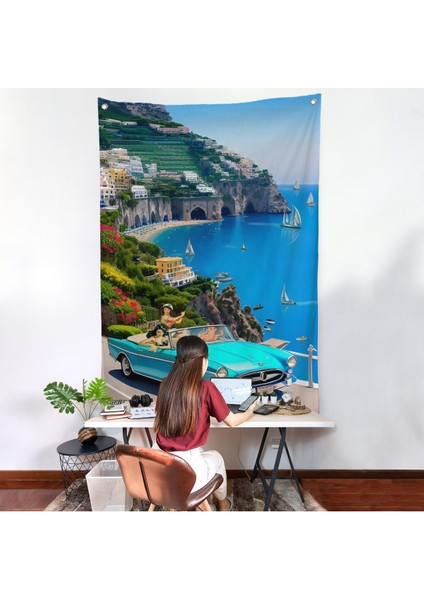 Sahildeki Mavi Klasik Araba Duvar ÖRTÜSÜ-7776