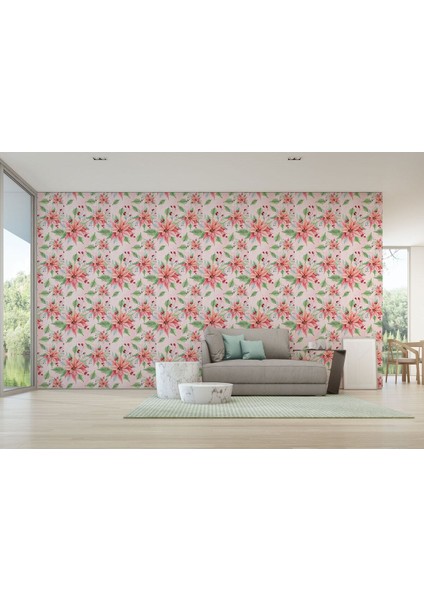 Pembe Çiçek ve Yaprak Desenli Duvar KAĞIDI-5588