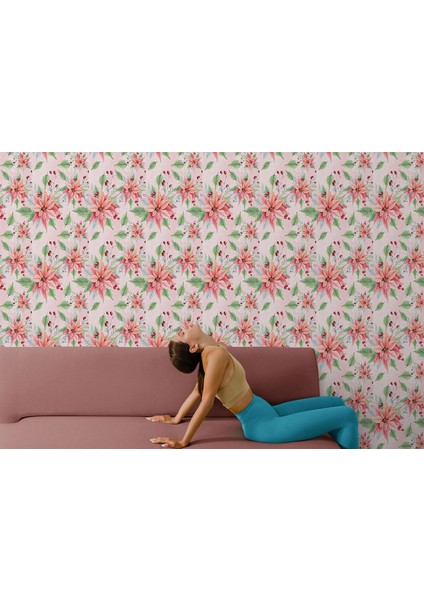 Pembe Çiçek ve Yaprak Desenli Duvar KAĞIDI-5588 fırsatları