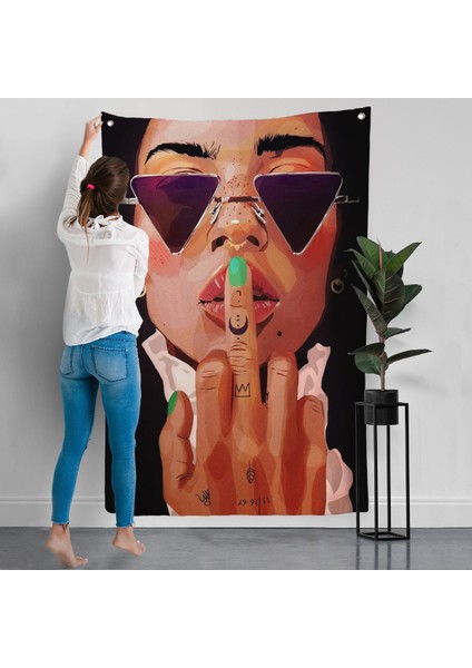 parmak ışareti yapan kadın duvar örtüsü-7747 modelleri