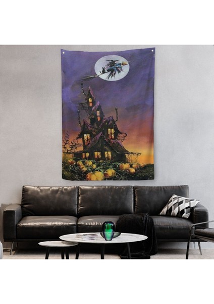 Süpürge Ile Uçan Cadı ve Kedisi Cadılar Bayramı Helloven Duvar Örtüsü - Halısı -6078