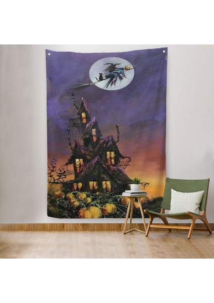 Süpürge Ile Uçan Cadı ve Kedisi Cadılar Bayramı Helloven Duvar Örtüsü - Halısı -6078