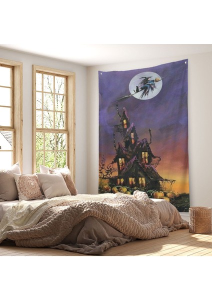 Süpürge Ile Uçan Cadı ve Kedisi Cadılar Bayramı Helloven Duvar Örtüsü - Halısı -6078