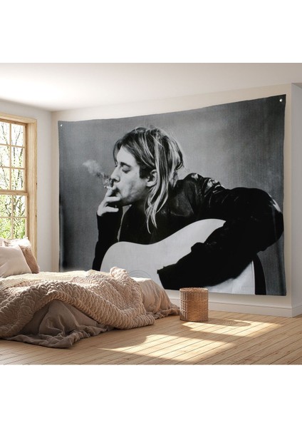 Kurt Cobain Sigara Içen Ünlü Baskı Duvar Sanatı Kanvas Duvar Örtüsü-Halısı, Nirvana BASKI-5405