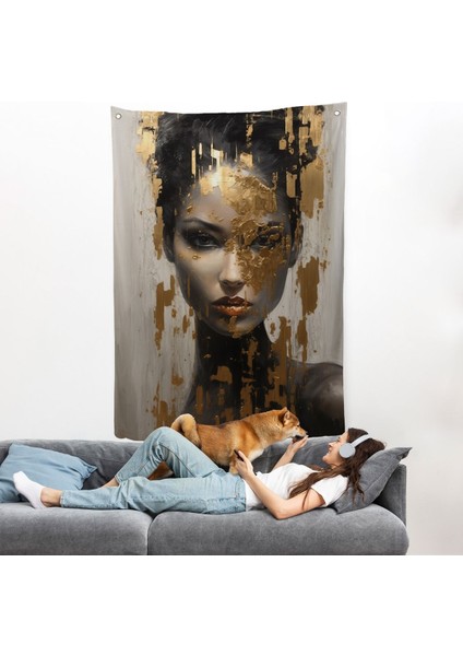 Altın Detaylı Güzel Kadın Duvar ÖRTÜSÜ-7625