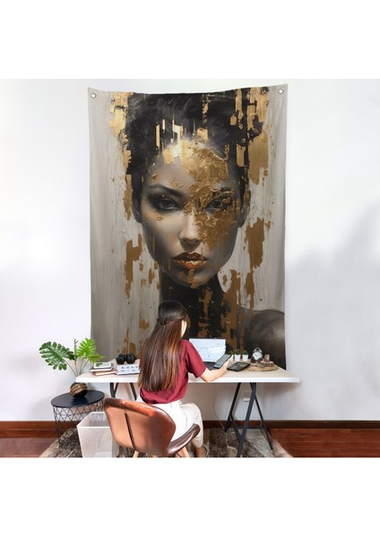 Altın Detaylı Güzel Kadın Duvar ÖRTÜSÜ-7625