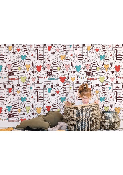 Renkli Aşk Dolu Kediler Duvar KAĞIDI-5704