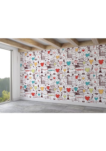 Renkli Aşk Dolu Kediler Duvar KAĞIDI-5704 fiyatları