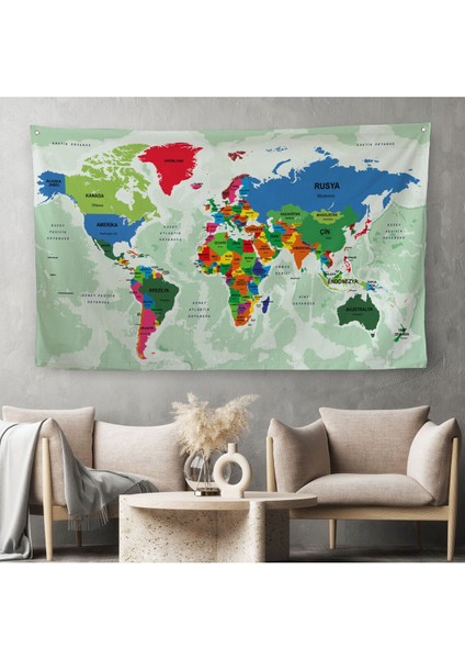 Türkçe Eğitici Ülke ve Başkent Okyanus Detaylı Atlas Dünya Haritası Duvar Örtüsü-Halısı 3840