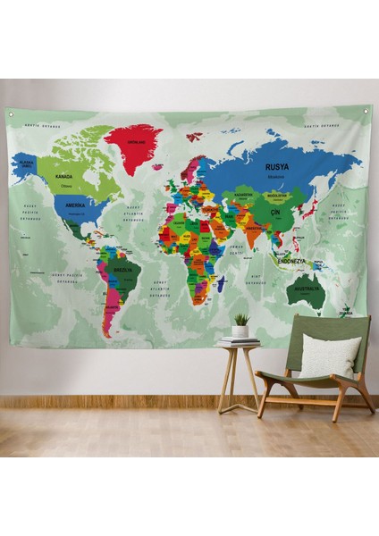 Türkçe Eğitici Ülke ve Başkent Okyanus Detaylı Atlas Dünya Haritası Duvar Örtüsü-Halısı 3840
