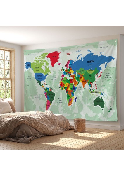 Türkçe Eğitici Ülke ve Başkent Okyanus Detaylı Atlas Dünya Haritası Duvar Örtüsü-Halısı 3840