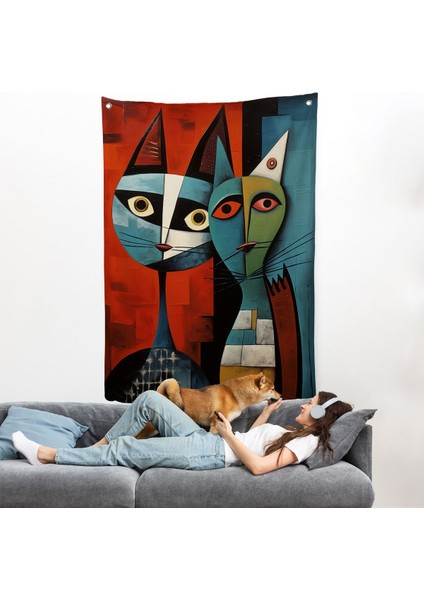 Pablo Picasso Tarzı - Soyut Renkli Kedi Duvar ÖRTÜSÜ-7370