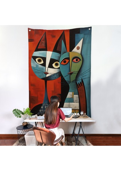 Pablo Picasso Tarzı - Soyut Renkli Kedi Duvar ÖRTÜSÜ-7370