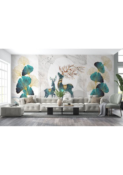 Altın Detaylı Geyik ve Yavrusu Desenli Duvar KAĞIDI-5635