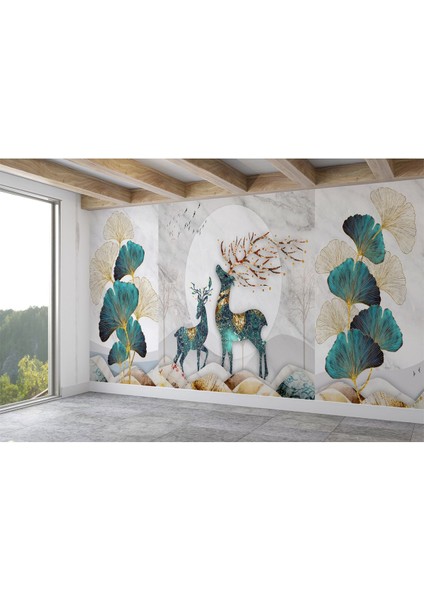 Altın Detaylı Geyik ve Yavrusu Desenli Duvar KAĞIDI-5635 fiyatları