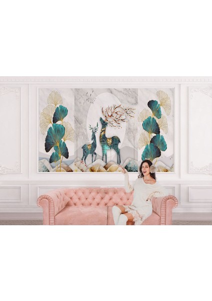 Altın Detaylı Geyik ve Yavrusu Desenli Duvar KAĞIDI-5635 modelleri