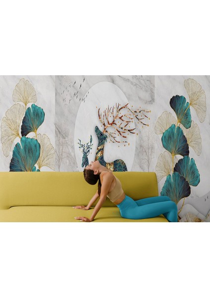 Altın Detaylı Geyik ve Yavrusu Desenli Duvar KAĞIDI-5635 fırsatları