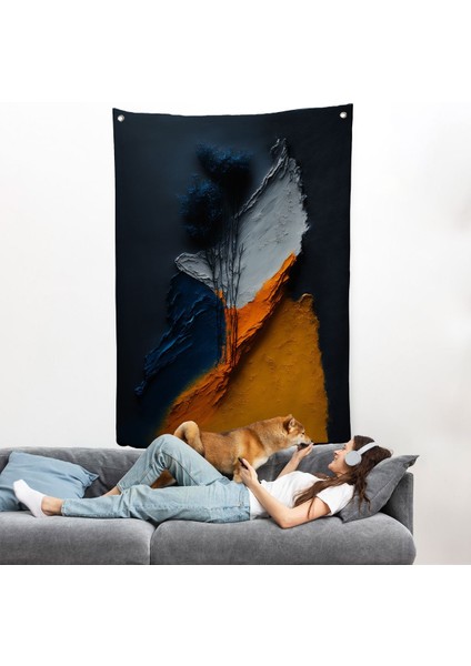 Turuncu ve Mavi Tonlu Soyut Duvar ÖRTÜSÜ-7913