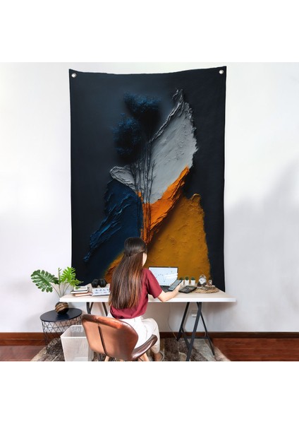 Turuncu ve Mavi Tonlu Soyut Duvar ÖRTÜSÜ-7913