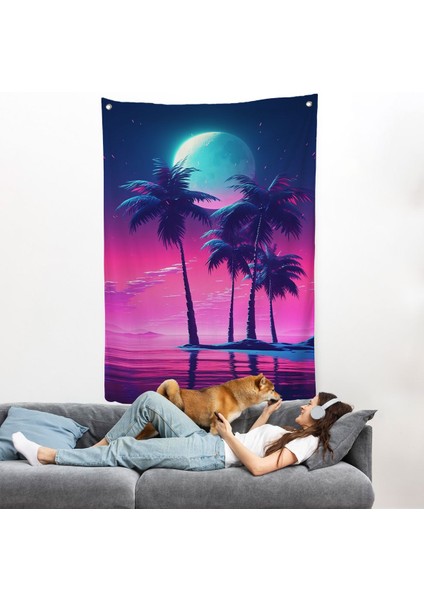 Geceyarısı Palmıye Ağaçları Manzarası Duvar ÖRTÜSÜ-7552