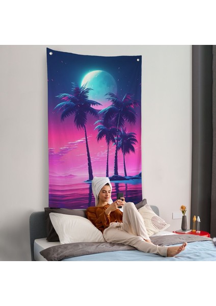 Geceyarısı Palmıye Ağaçları Manzarası Duvar ÖRTÜSÜ-7552 fiyatları