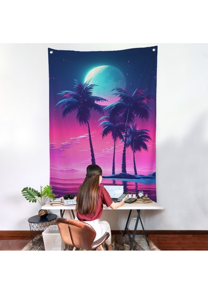 Geceyarısı Palmıye Ağaçları Manzarası Duvar ÖRTÜSÜ-7552