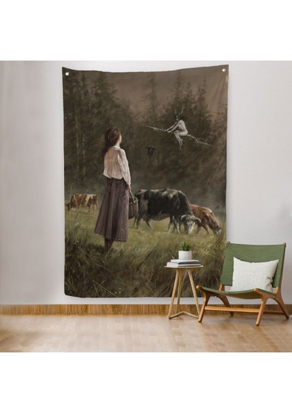 Süpürgeli Cadıya Özenen Kız Dekoratif Duvar Örtüsü - Halısı -6185
