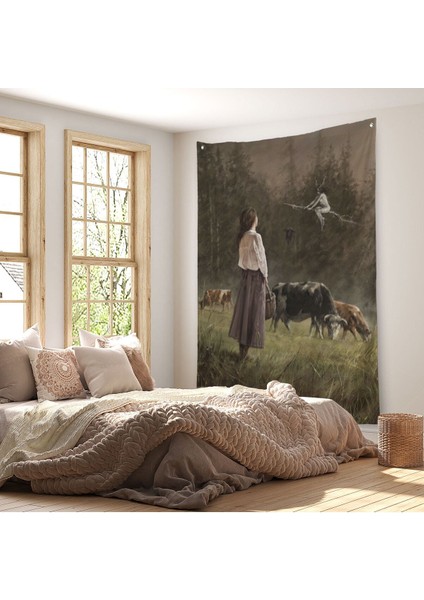Süpürgeli Cadıya Özenen Kız Dekoratif Duvar Örtüsü - Halısı -6185