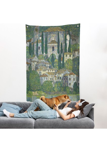 Gustav Klimt - Cassone'deki Kilise Selvili Manzara Duvar ÖRTÜSÜ-8095